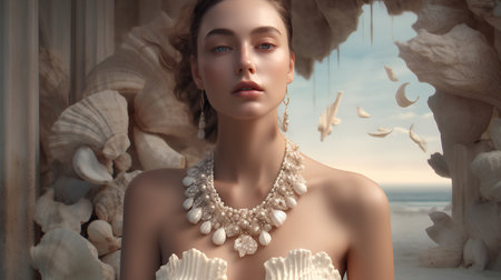 Fashion portrait of beautiful young woman with pearl necklace and earringsの素材