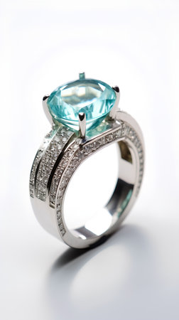 Jewelry ring with emerald on a white background, close upの素材