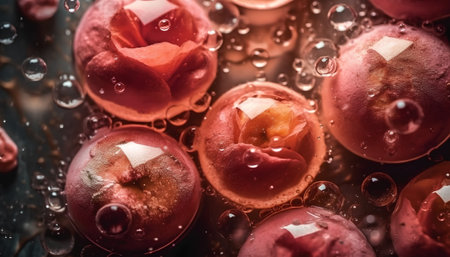 Close up of rose petals with water drops on dark wooden backgroundの素材