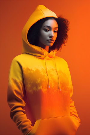 Fashion portrait of young african american woman in yellow hoodie on orange background.の素材