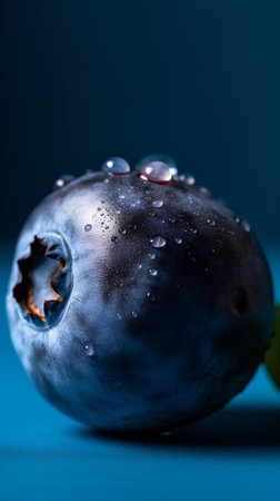 Blueberry with water drops on a blue background. Close up.の素材