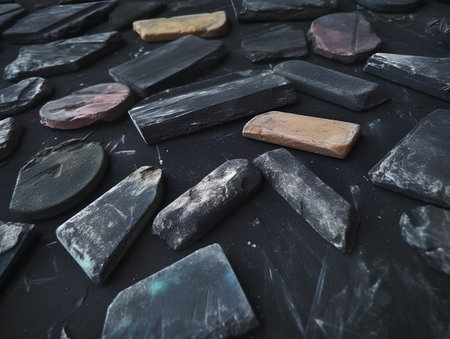 Pieces of slate on a black background. Selective focus.の素材
