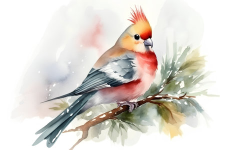 Beautiful watercolor illustration of a red-crested cardinal on a branchの素材