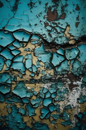 Grunge background with cracked blue paint on rusty metal wall.の素材