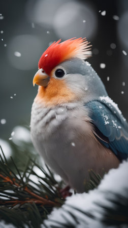 Red-crested cardinal sitting on a spruce branch in winterの素材
