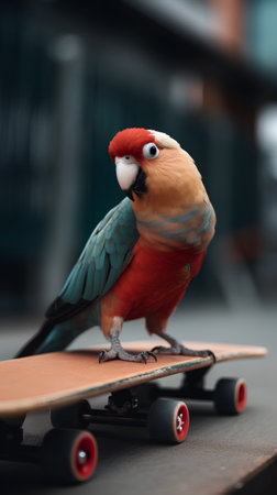 Parrot sitting on a skateboard and looking at the camera.の素材