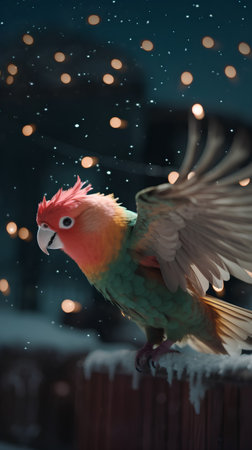Cockatoo parrot in the snow on a background of Christmas lightsの素材