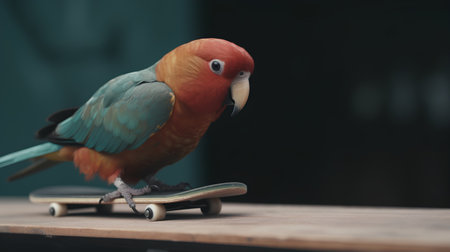 Parrot sitting on skateboard and looking at camera with copy spaceの素材