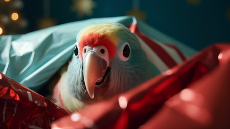 Cute parrot with red and blue ribbons on Christmas backgroundの素材