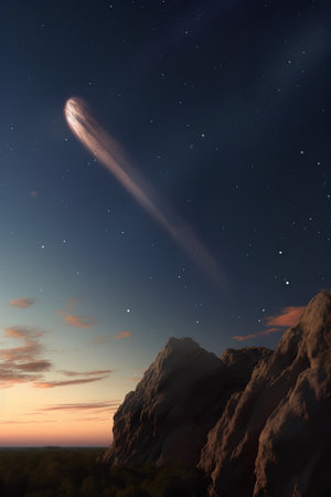 Fantasy alien planet. Mountain and starry sky. 3D illustrationの素材
