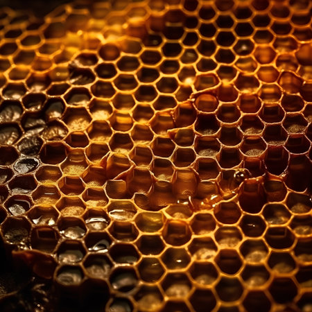 Drop of bee honey drip from hexagonal honeycombs filled with golden nectar. Honeycombs summer composition consisting of drop natural honey, drip on wax frame bee, drop of bee pollen on honeycomb.の素材