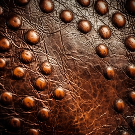 Brown leather background with metal rivets. Close-up image.の素材