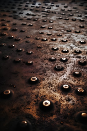 rusty metal plate with rivets, closeup, macro shotの素材