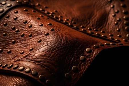 Close up of a brown leather shoe with rivets on black backgroundの素材