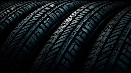 Car tires isolated on a black background. 3d render illustration.の素材