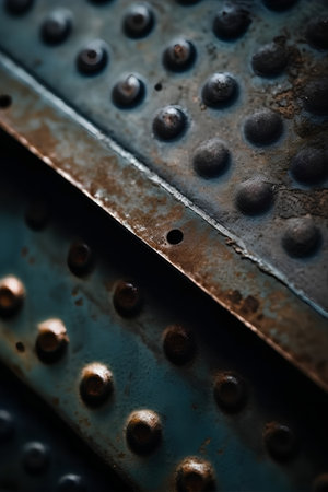 Rusty metal background with rivets and rivets close-upの素材