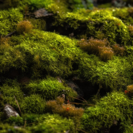 Green moss on the stone in the forest. Shallow depth of fieldの素材