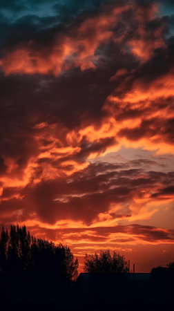 Dramatic sunset sky with clouds and silhouettes of trees.の素材