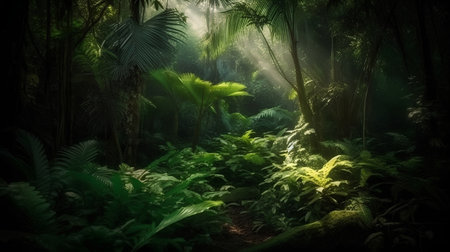 Tropical rainforest with ferns and sunbeamsの素材