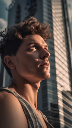 Portrait of a handsome young man with short hair in the cityの素材