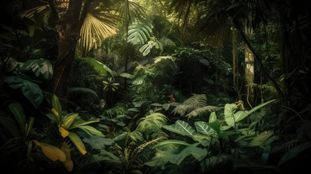 Tropical rainforest with palm trees and plants in vintage styleの素材