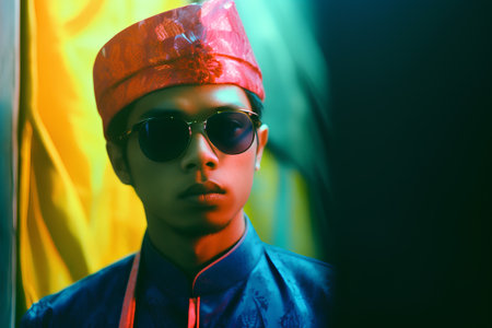 Portrait of young Asian man wearing a turban and sunglasses.の素材