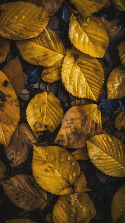 Colorful autumn leaves on the ground. Autumn background. Toned.の素材