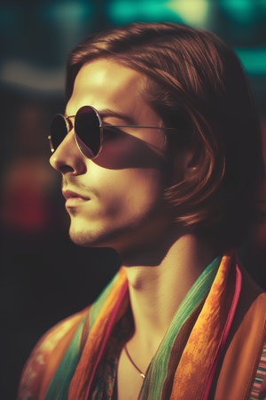 Handsome young man in sunglasses and colorful scarf. Fashion shot.の素材