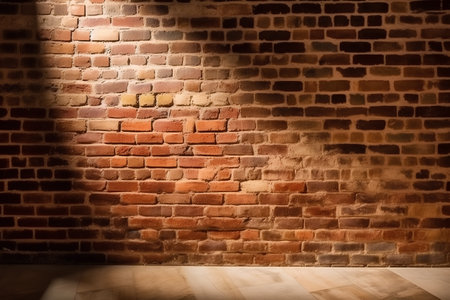 Brick wall with spotlight and wooden floor. Photo in old color image styleの素材