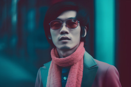 Portrait of a young man with sunglasses and a red scarf on the streetの素材