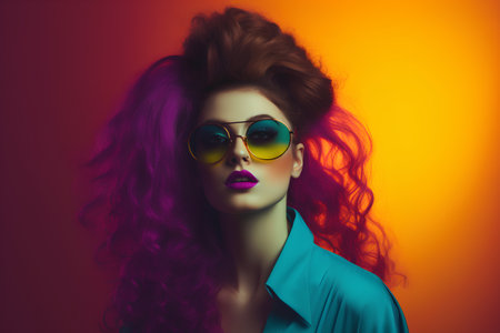Fashion portrait of beautiful young woman with bright pink hair and sunglasses.の素材