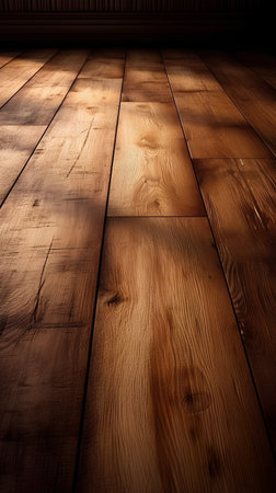 Wooden floor in a room with a light from the window.の素材