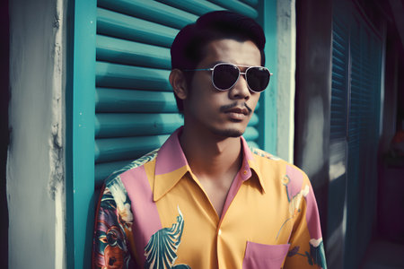 Portrait of handsome asian man wearing sunglasses and colorful shirt.の素材