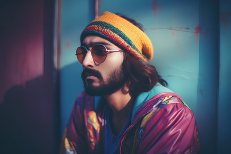 Portrait of a stylish young man in a colorful hat and sunglassesの素材