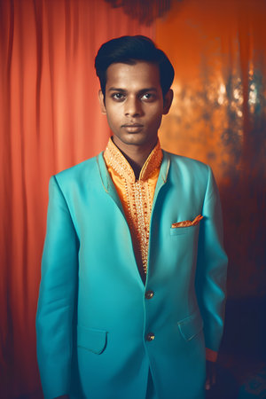 Portrait of a handsome indian man in a turquoise suitの素材