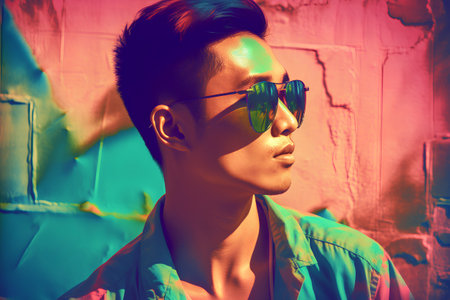 Portrait of a handsome young man in sunglasses on a colorful backgroundの素材