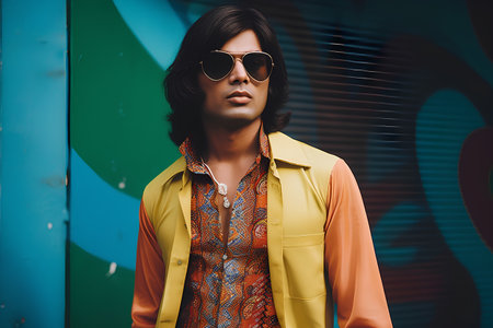 Stylish young man in yellow jacket and sunglasses posing on colorful street.の素材