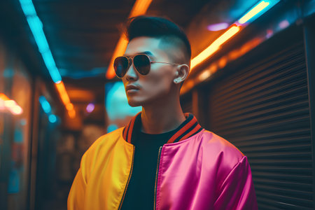 Portrait of a handsome young man in a colorful jacket and sunglasses. Street fashion.の素材