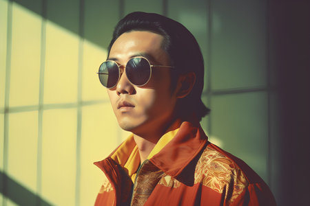 Portrait of a handsome asian man in red shirt and sunglassesの素材