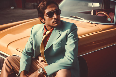 Handsome young man in suit and sunglasses sitting near retro carの素材