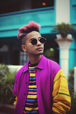Portrait of young handsome African man with colorful hair and sunglasses.の素材