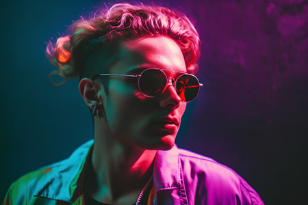 Portrait of a stylish young man in sunglasses on a dark background.の素材