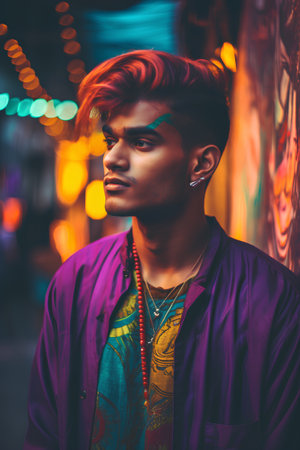 Portrait of a young man with punk hairstyle in a city.の素材