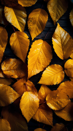 Autumn leaves on dark wooden background. Flat lay, top view.の素材