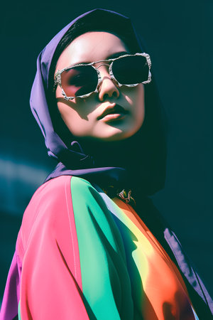 Fashion shot of a beautiful young woman in a colorful coat and sunglasses.の素材