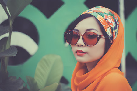 beautiful asian woman wearing headscarf and sunglasses, vintageの素材