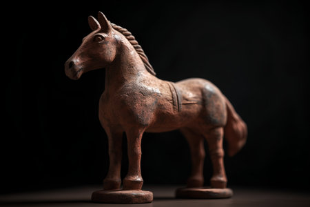Wooden horse statuette on a dark background. Toned.の素材
