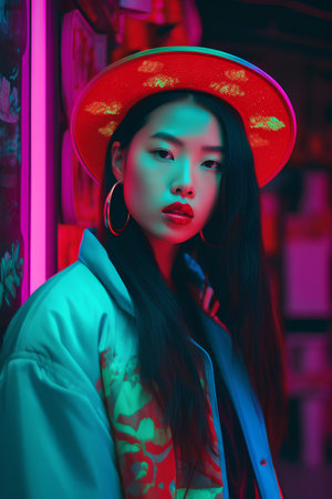 Fashion portrait of young asian woman in bright neon light.の素材