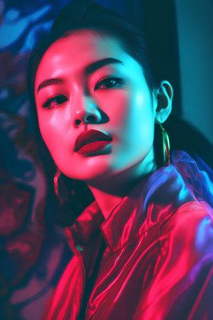 Fashion portrait of young beautiful asian woman with red lips.の素材