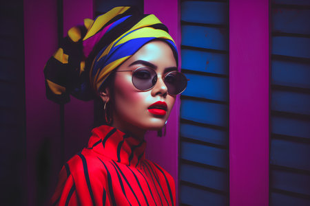 Fashion portrait of a beautiful young woman with bright make-up and sunglasses.の素材